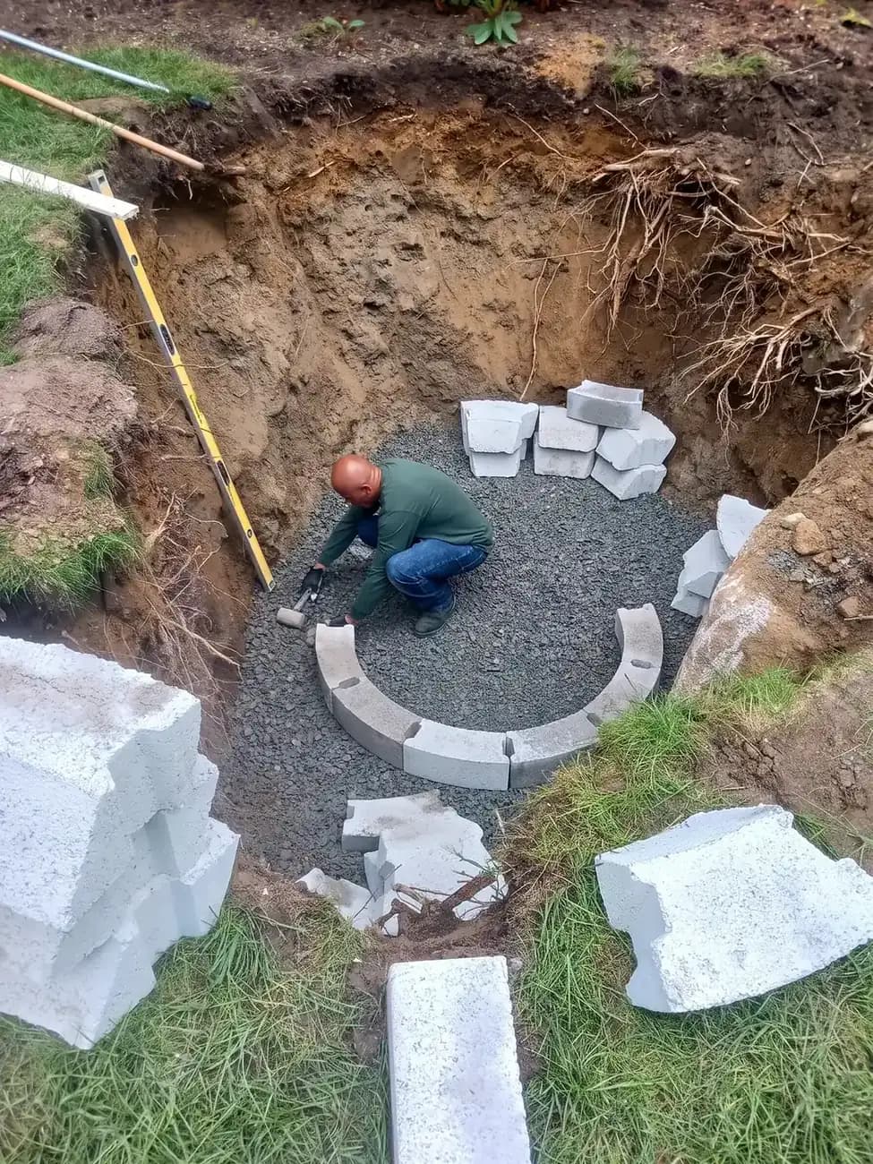 Excavated dry well pit lined with stacked concrete block rings on a crushed stone base, with a drain pipe entering from the side