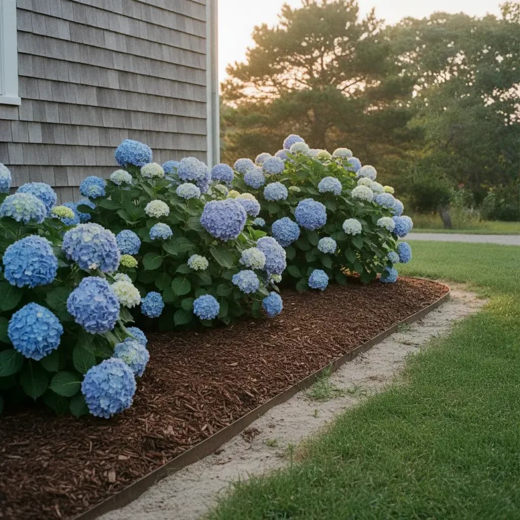 Fresh dark mulch spread evenly in a garden bed along the front of a house