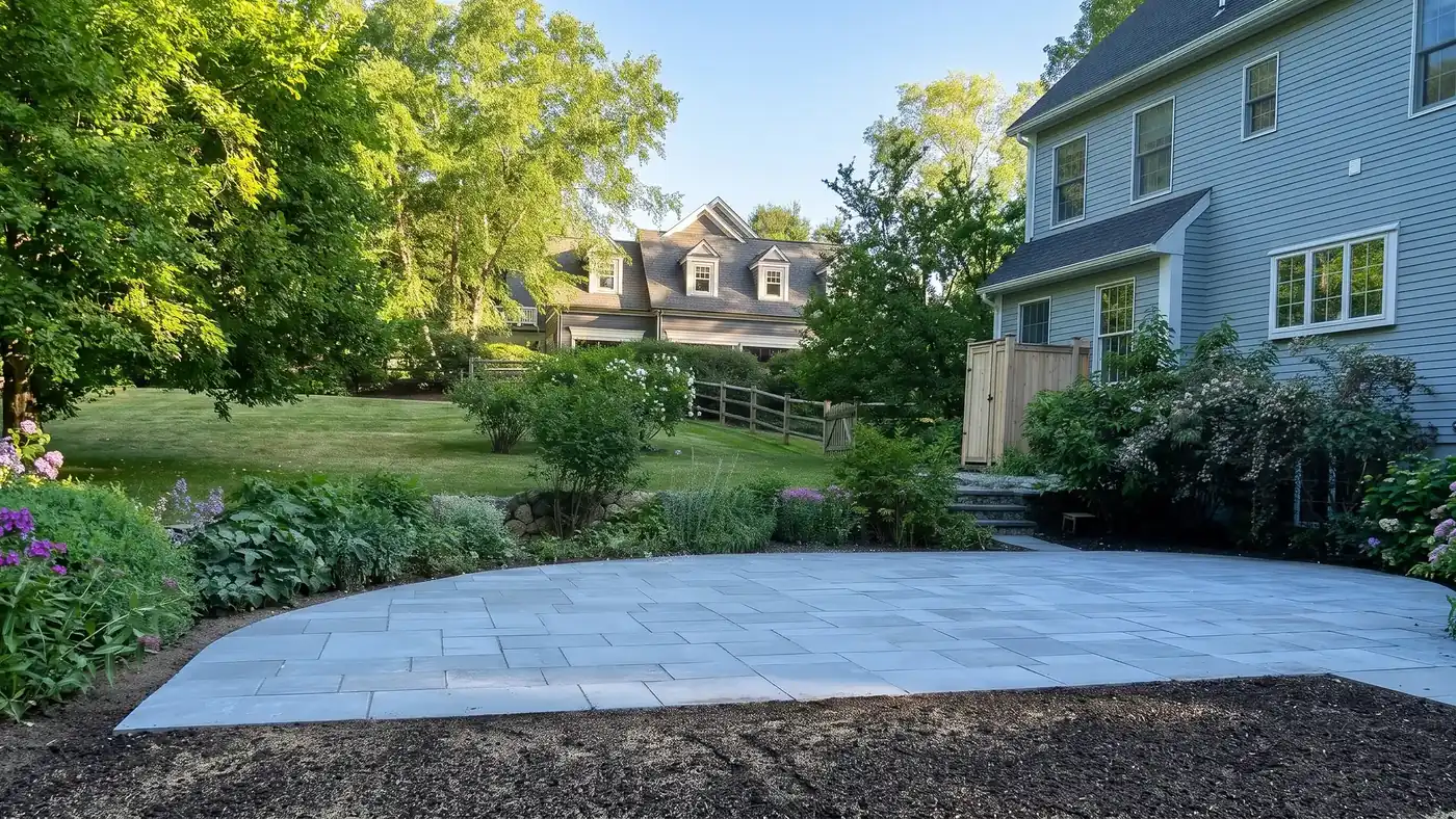 Large bluestone patio in the backyard of a colonial style house with lawn around it