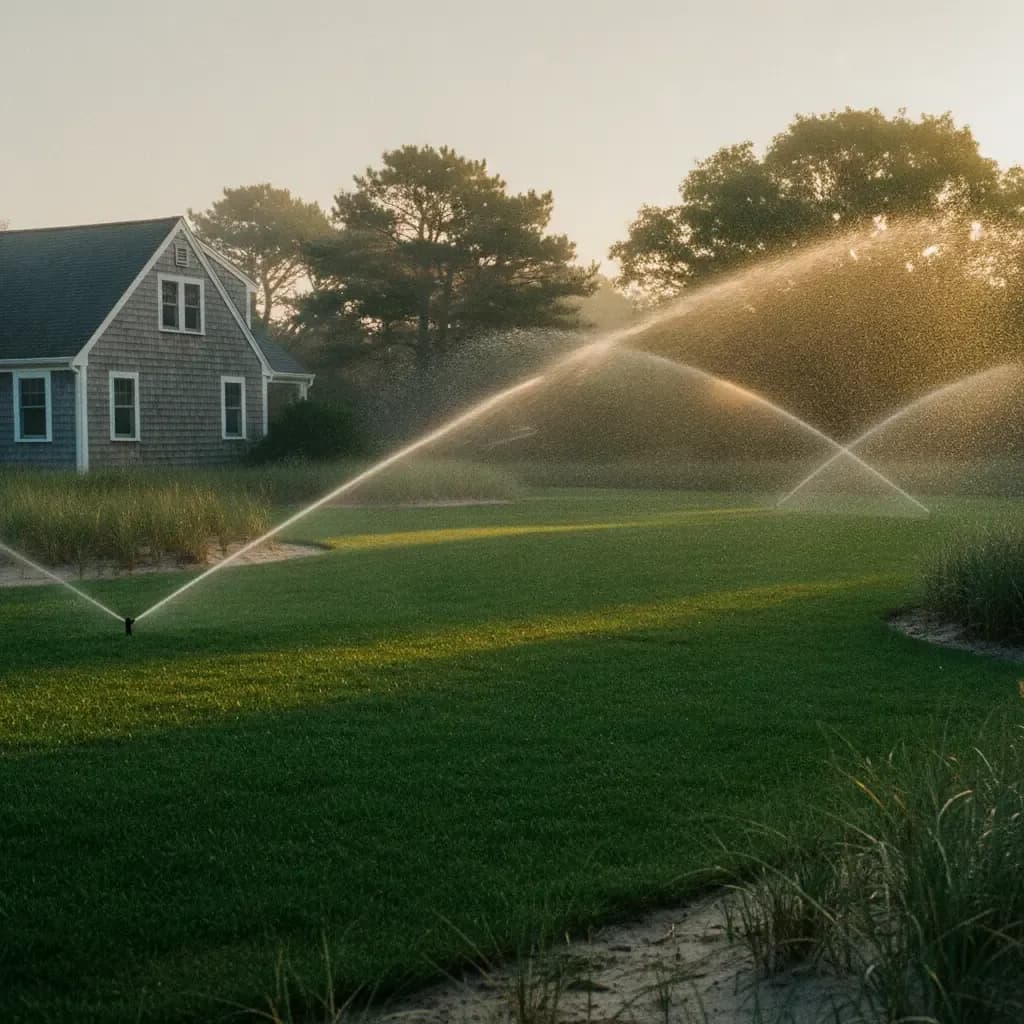 Pop up lawn sprinkler head spraying water across a green front lawn in the early morning